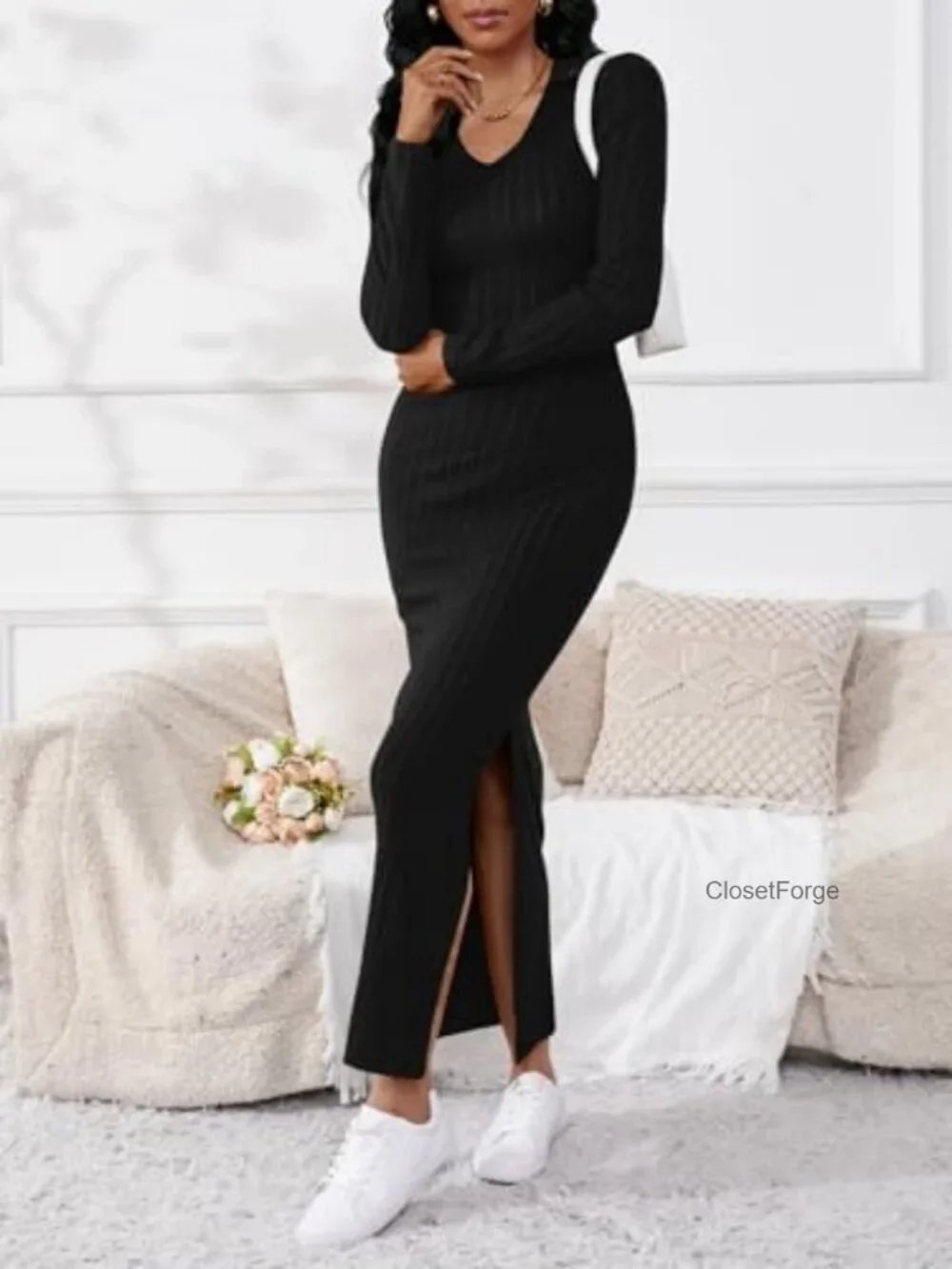 Long Sleeve V Neck Maxi Sweater Dress Sexy Bodycon Ribbed Knit - Picture 4 of 5